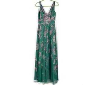 Marchesa Bridesmaid Floral Gown Green Pink Tulle Dress V-Neck Sleeveless Sz 6‎